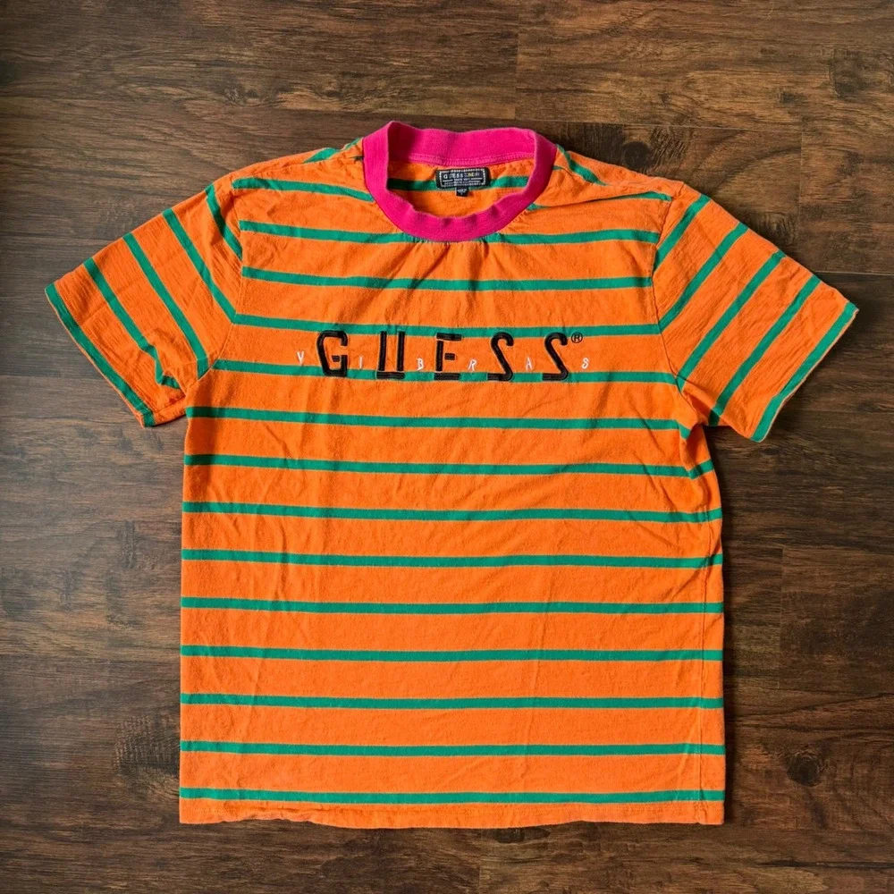 J. Balvin Vibras GUESS Orange‎ Green Stripe T Shirt Men's L Retro 2019 Reggaeton - Picture 2 of 11